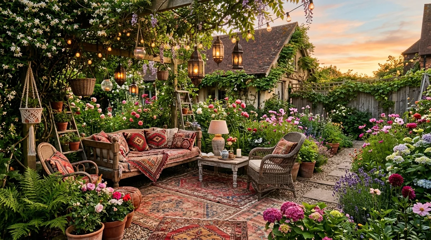 A small backyard water feature surrounded by soft perennial flowers in daylight, no people