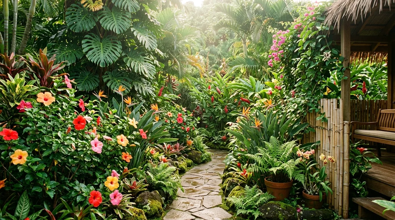 A vibrant backyard flower garden with tropical blooms and bold foliage in sunny weather, no people