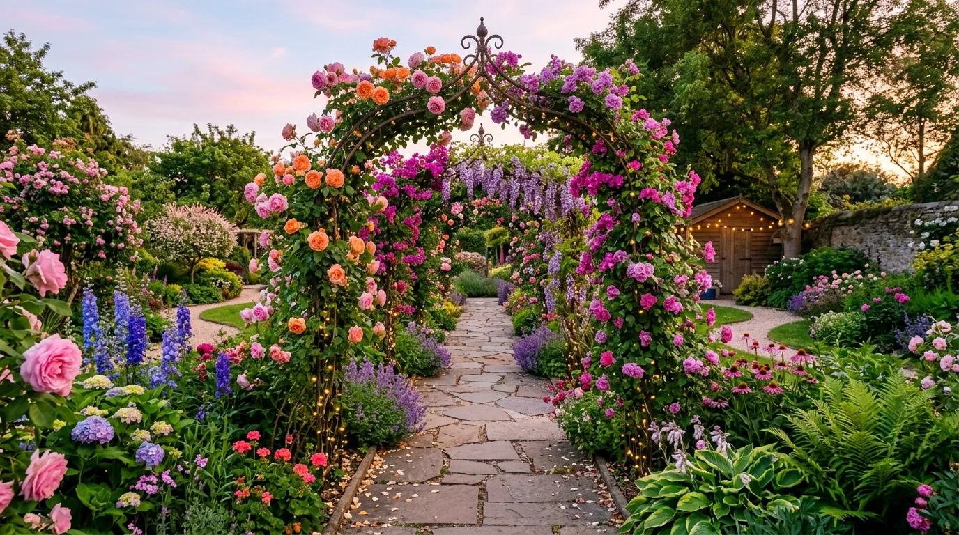 A backyard flower garden with a cutting patch integrated into ornamental beds, no people