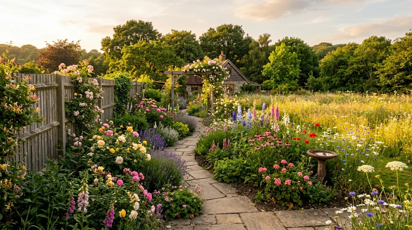 A backyard fence line softened by layered flowering shrubs and perennials in daylight, no people