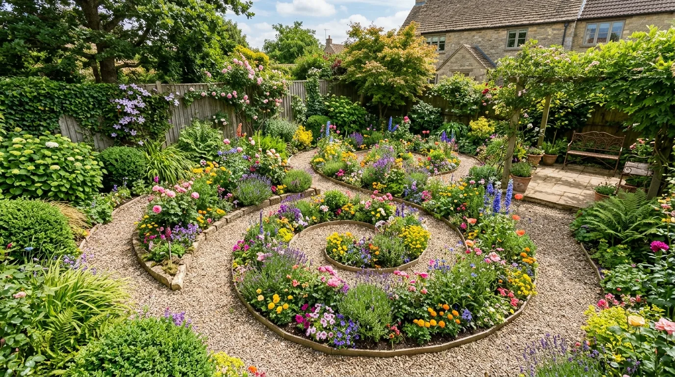 A backyard garden gate surrounded by exuberant flowers in bright natural light, no people