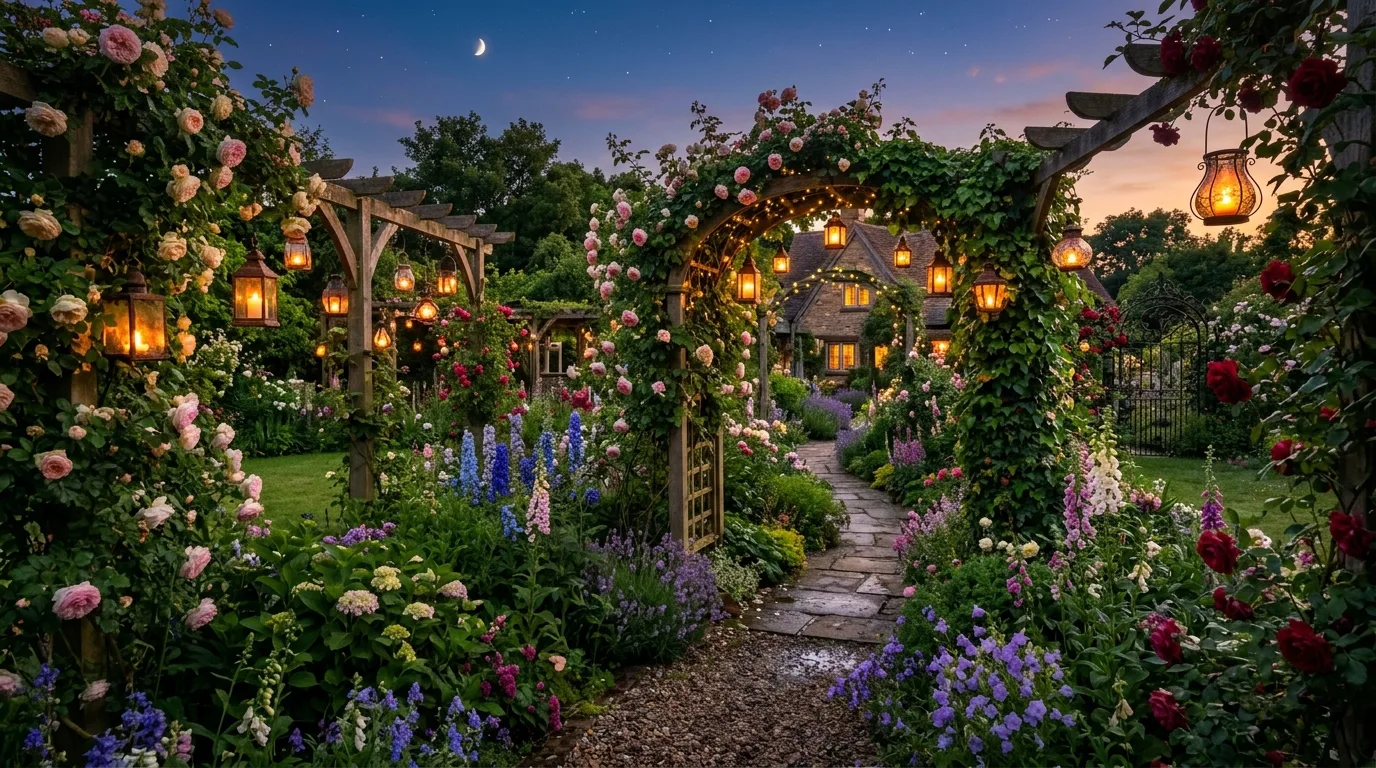 A relaxed backyard flower garden with gravel paths and drought tolerant blooms in sunlight, no people