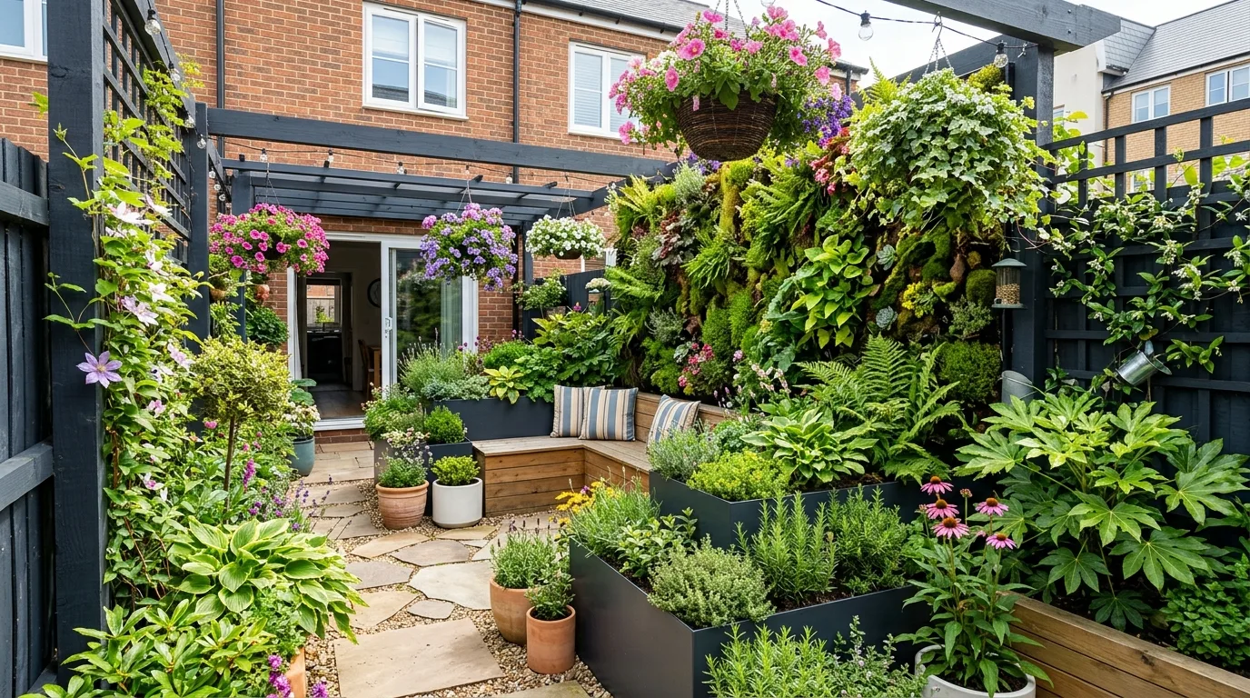 A shaded backyard flower border brightened with cool toned blooms and greenery, no people