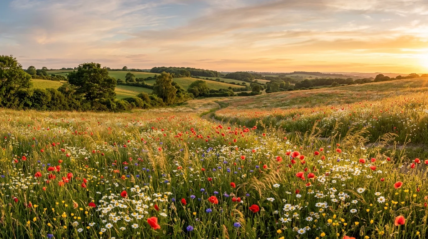 A broad meadow style landscape filled with native wild flowers in sunlight, no people