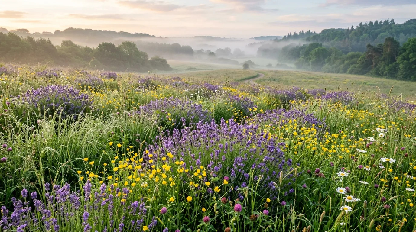 A mown path running through a tall wild flower meadow under daylight, no people