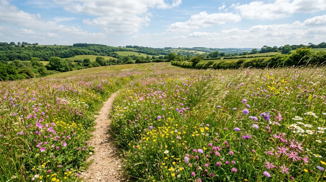A meadow landscape mixing wild flowers and fine grasses in bright natural light, no people