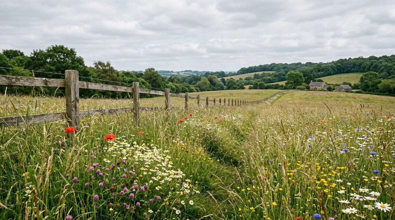 A split rail fence softened by wild flowers in a natural landscape setting, no people