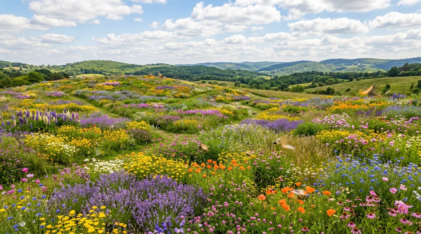 A pond edge planted with naturalistic wild flower drifts under soft daylight, no people