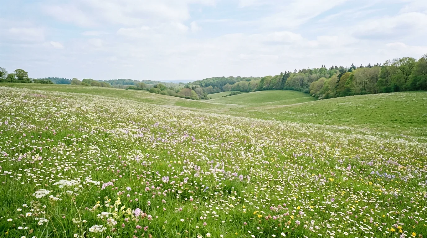 A bold colorful wild flower field with poppies cosmos and cornflowers, no people