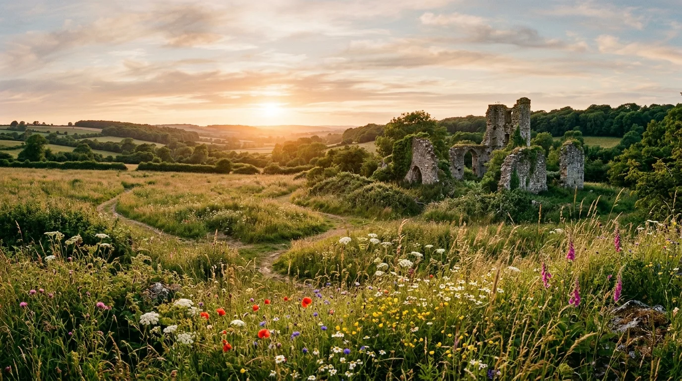 A pollinator rich wild flower landscape alive with bloom and movement in daylight, no people