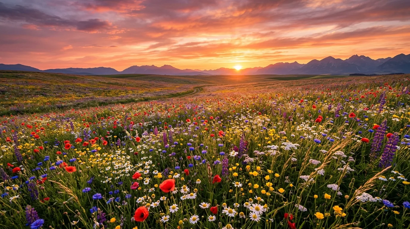 A wild flower landscape designed for seasonal succession in bright natural light, no people