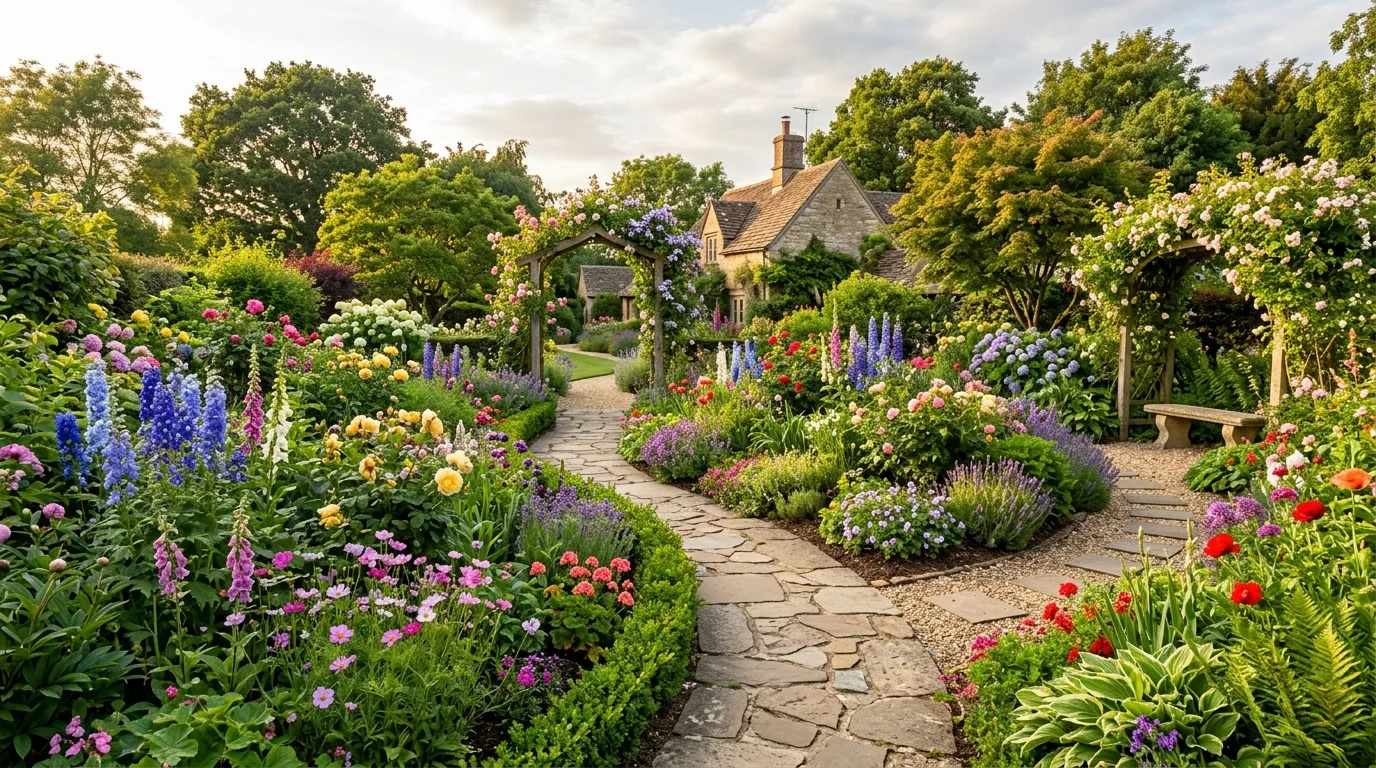 A front walk softened by long blooming border flowers in daylight, no people