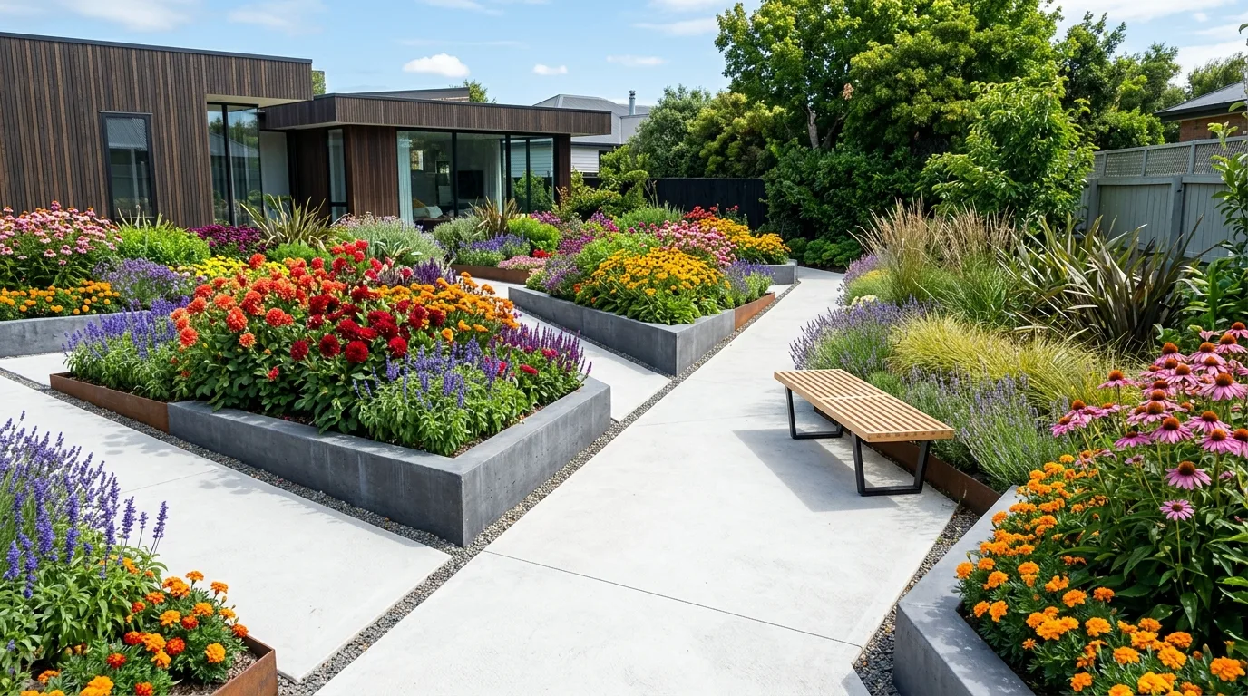 A patio garden layered with containers and flower beds in bright sunlight, no people