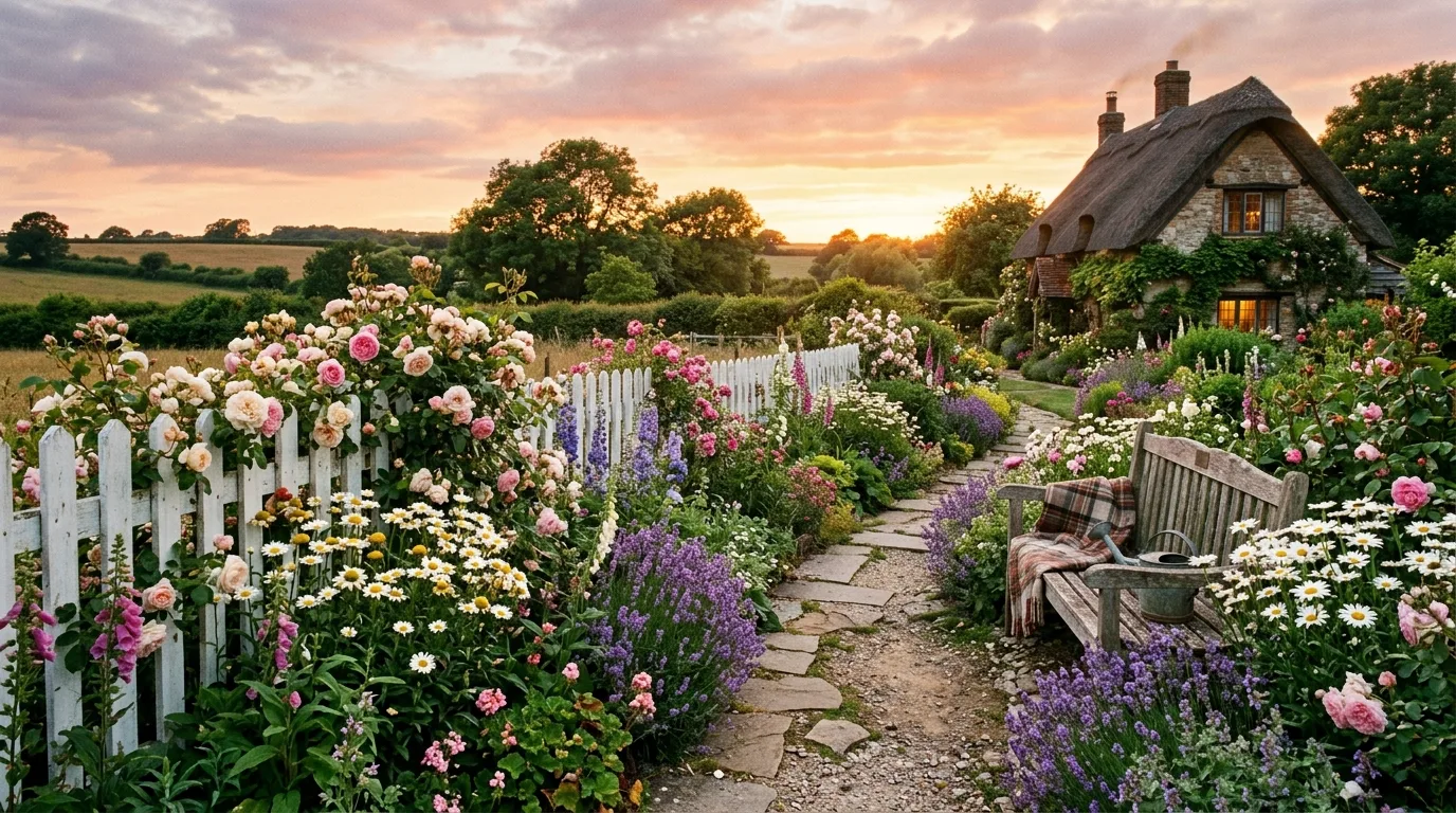 A colorful side yard passage garden with layered flowers in natural light, no people