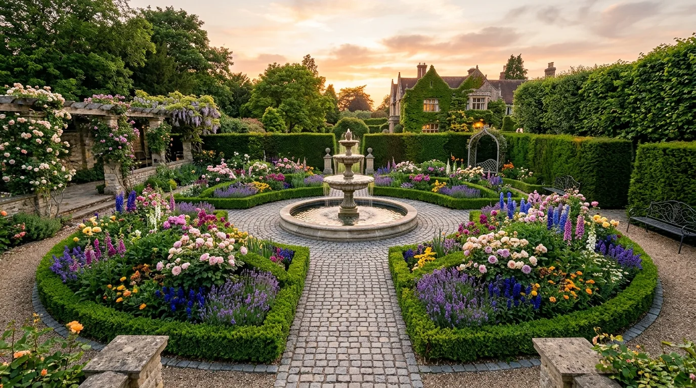 A decorative cutting garden with orderly rows of blooming flowers in sunlight, no people