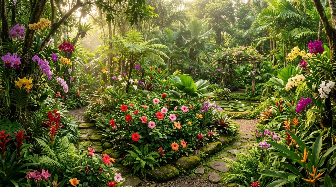 A shaded flower bed brightened by cool toned blooms and foliage, no people