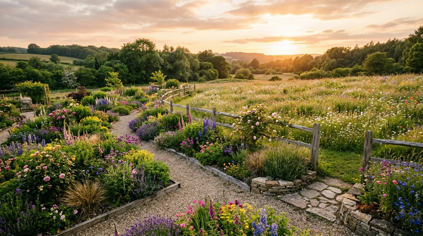 A minimalist flower garden with a refined repeated palette in soft daylight, no people
