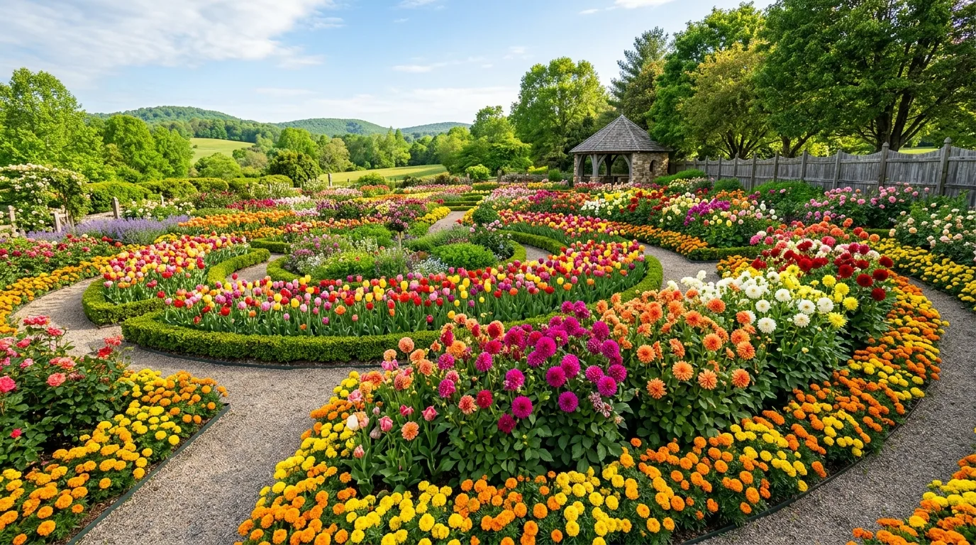 A garden path through mixed flowering borders in bright natural light, no people