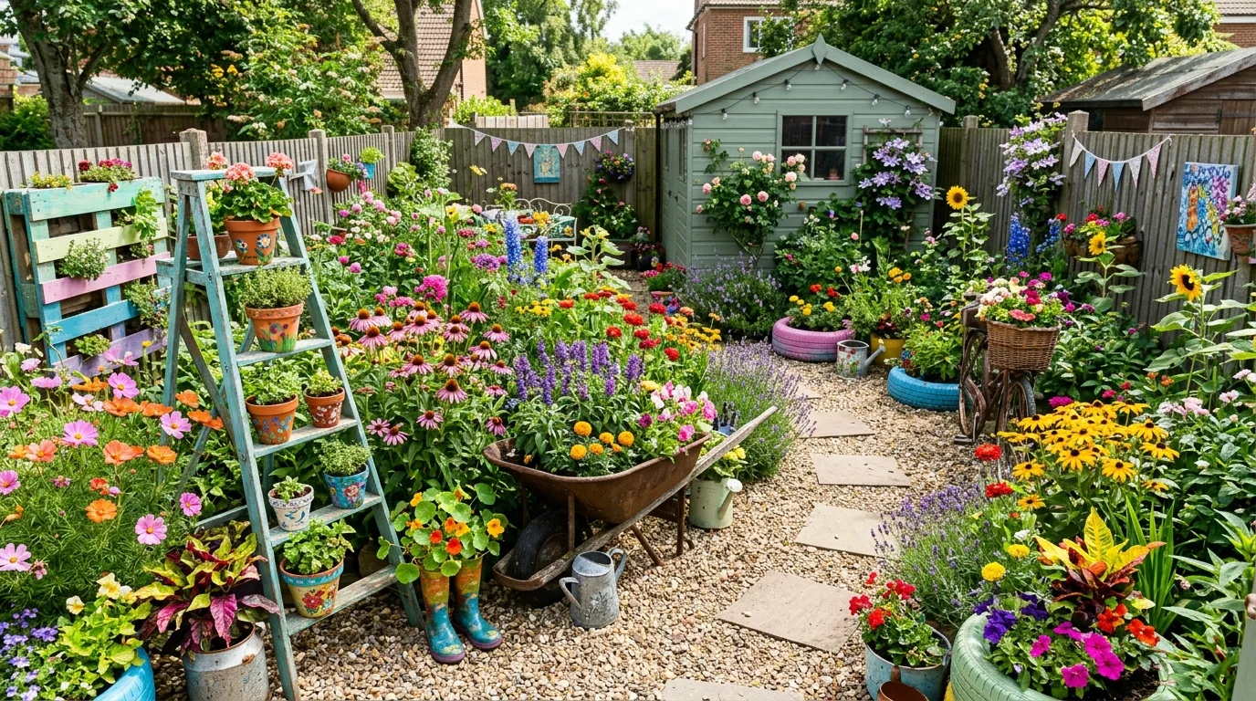 An evening seating area surrounded by flowers in a garden at dusk, no people