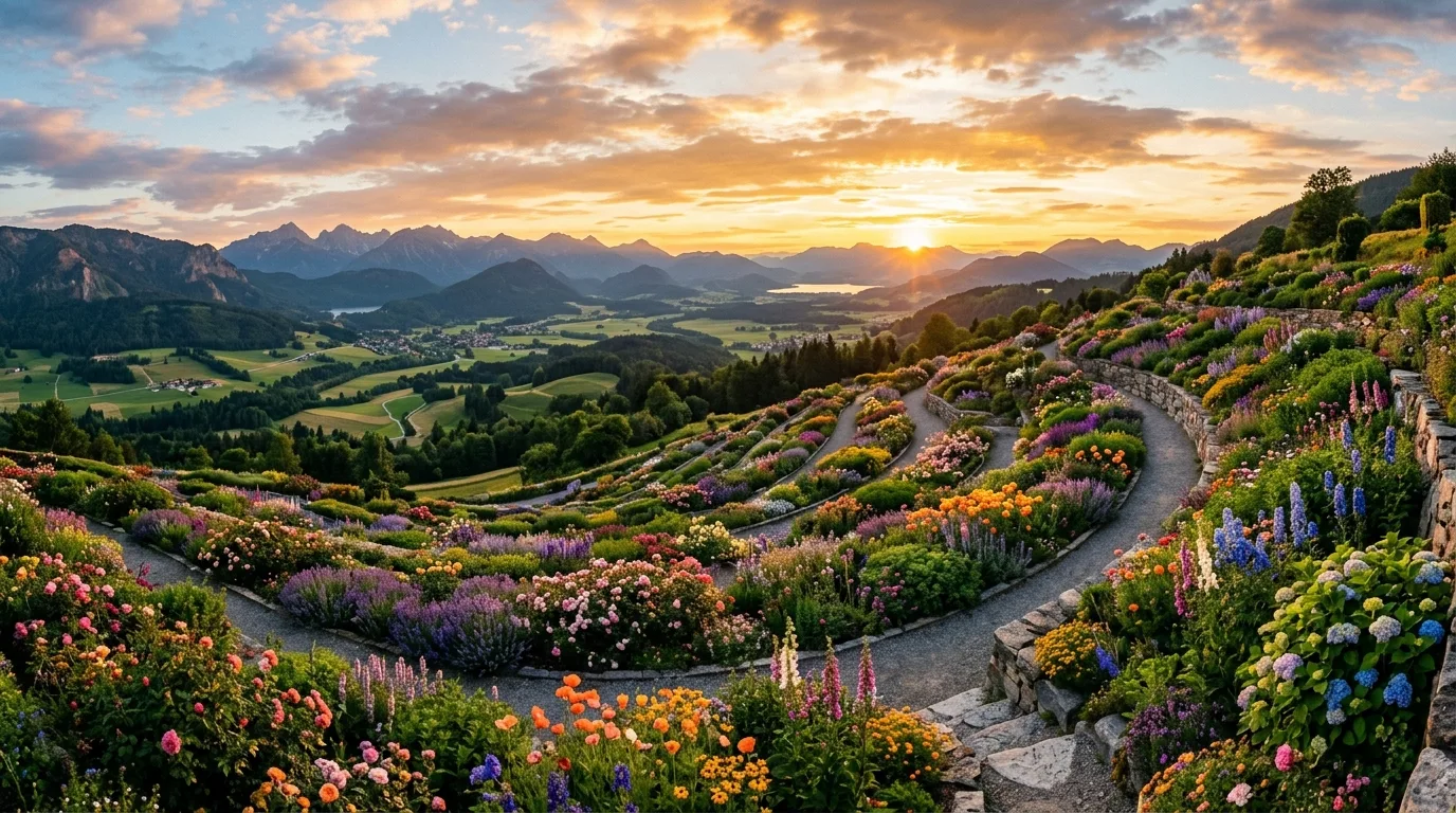 A terrace edge lined with flowers softening hard surfaces in daylight, no people