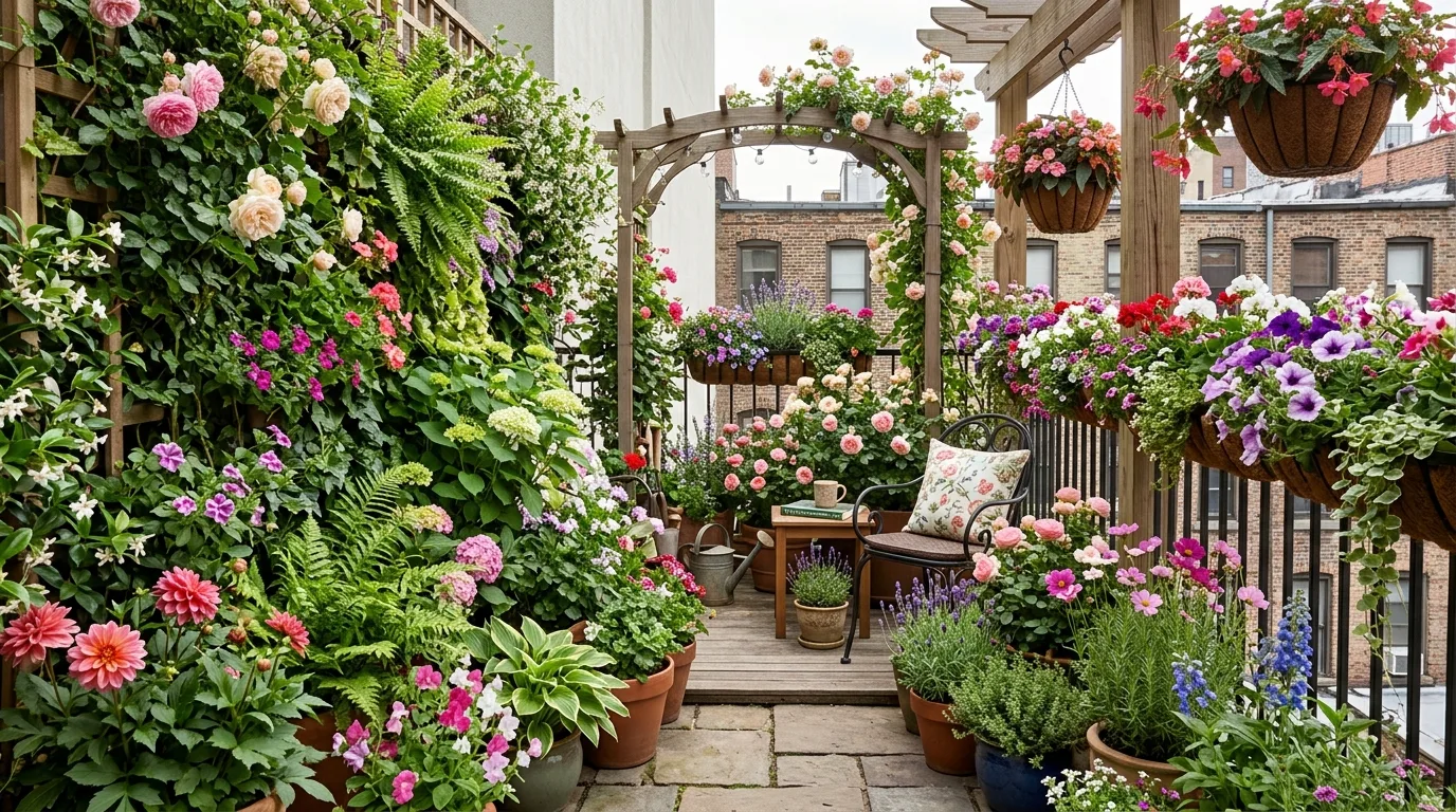 A long season flower garden with changing bloom throughout the year in daylight, no people