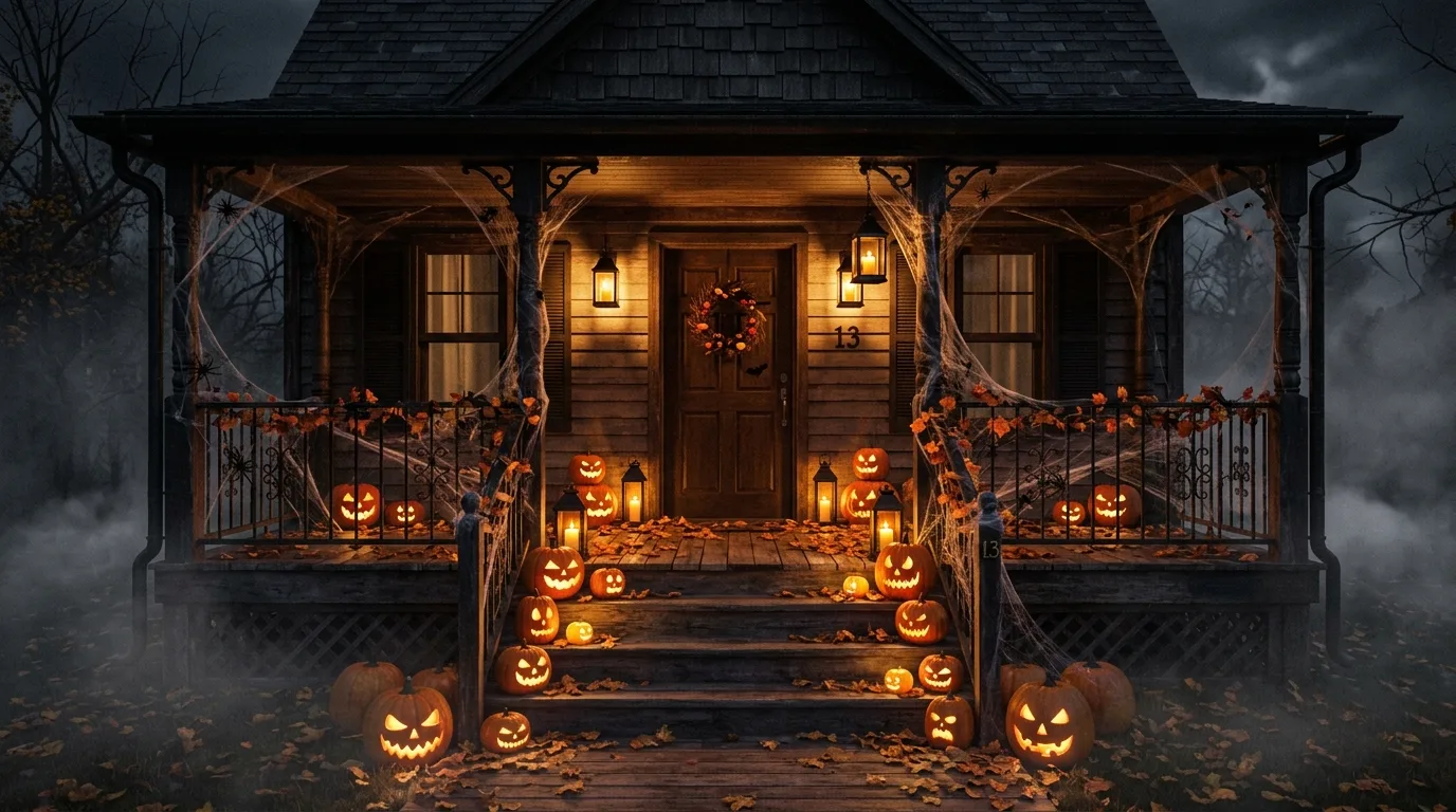 A spooky porch with black lanterns and stacked pumpkins at the front door, no people