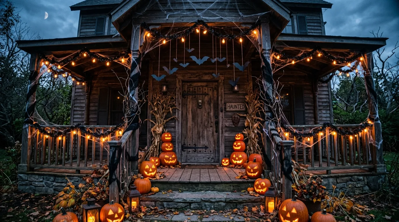 A Halloween porch with gauzy draping creating a haunted scene in evening light, no people