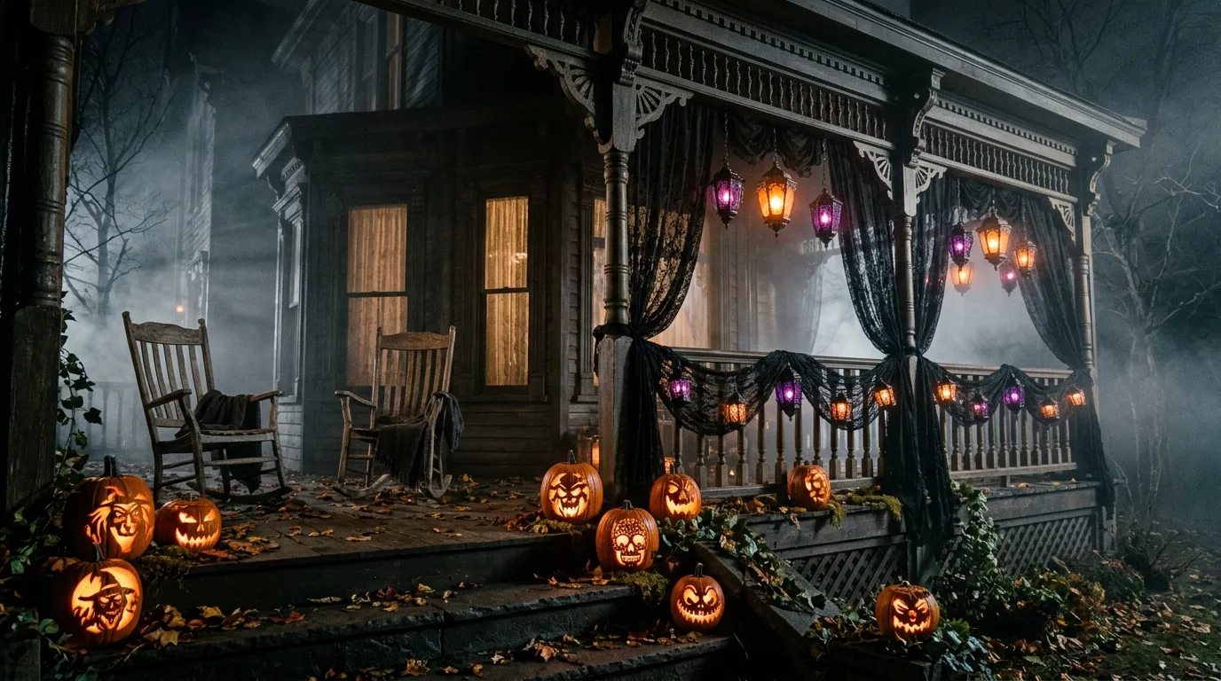 A playful Halloween porch styled with skeletons in a front entry vignette, no people