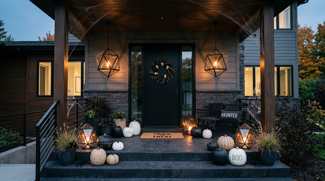 A monochrome Halloween porch in black and white with moody styling, no people
