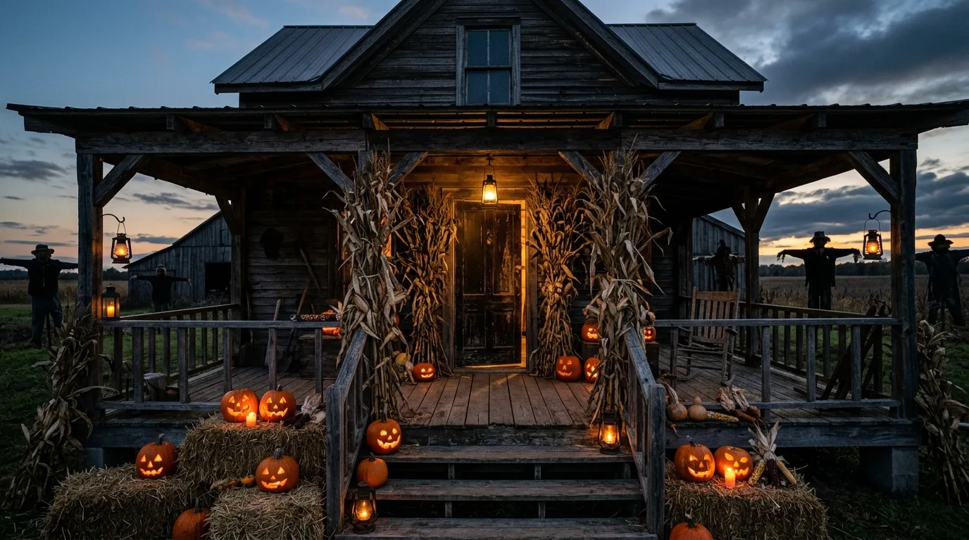 A Halloween porch with witchy brooms and cauldron accents by the doorway, no people