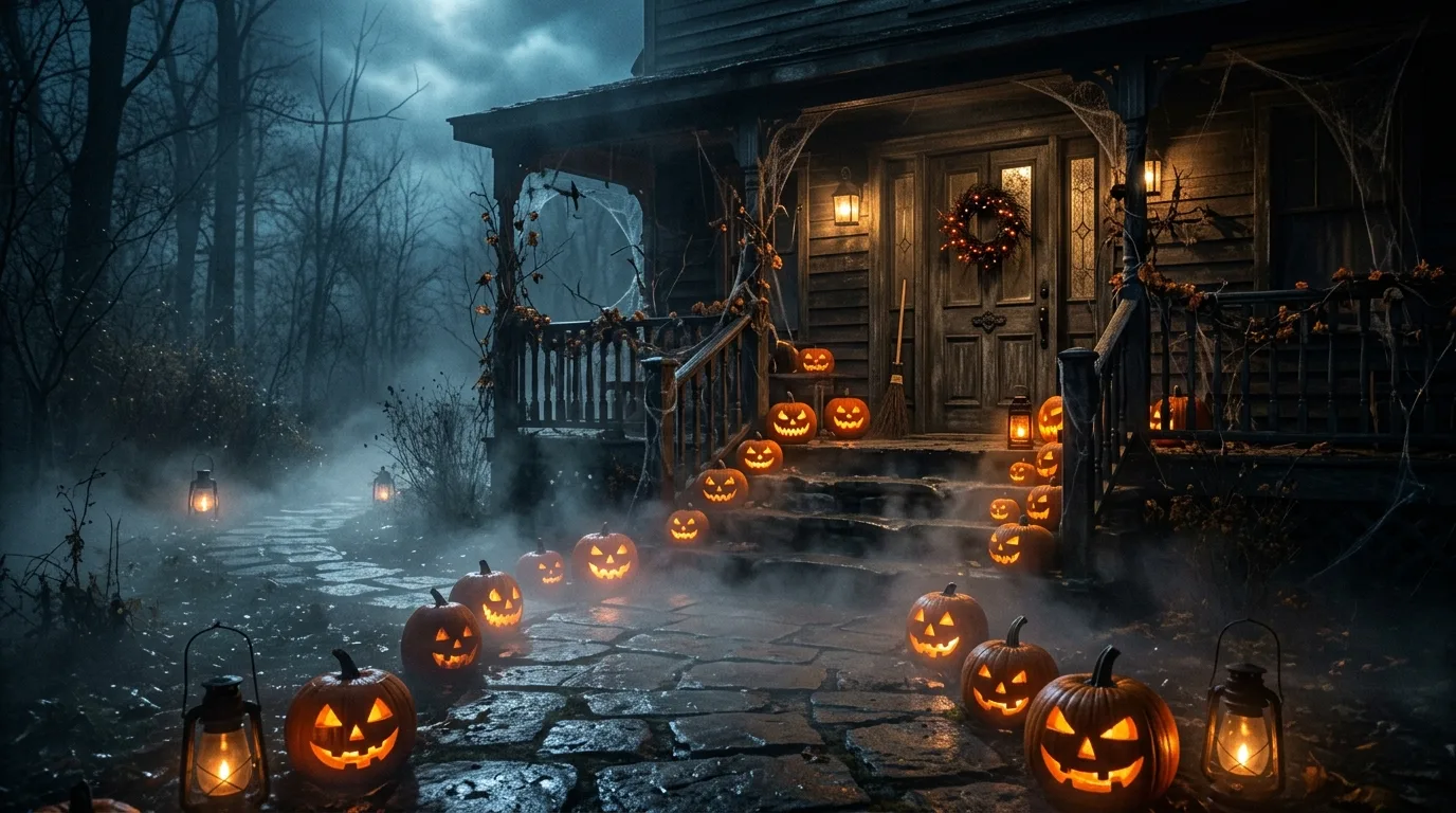 A glowing Halloween porch with carved jack o lanterns and candlelight at dusk, no people
