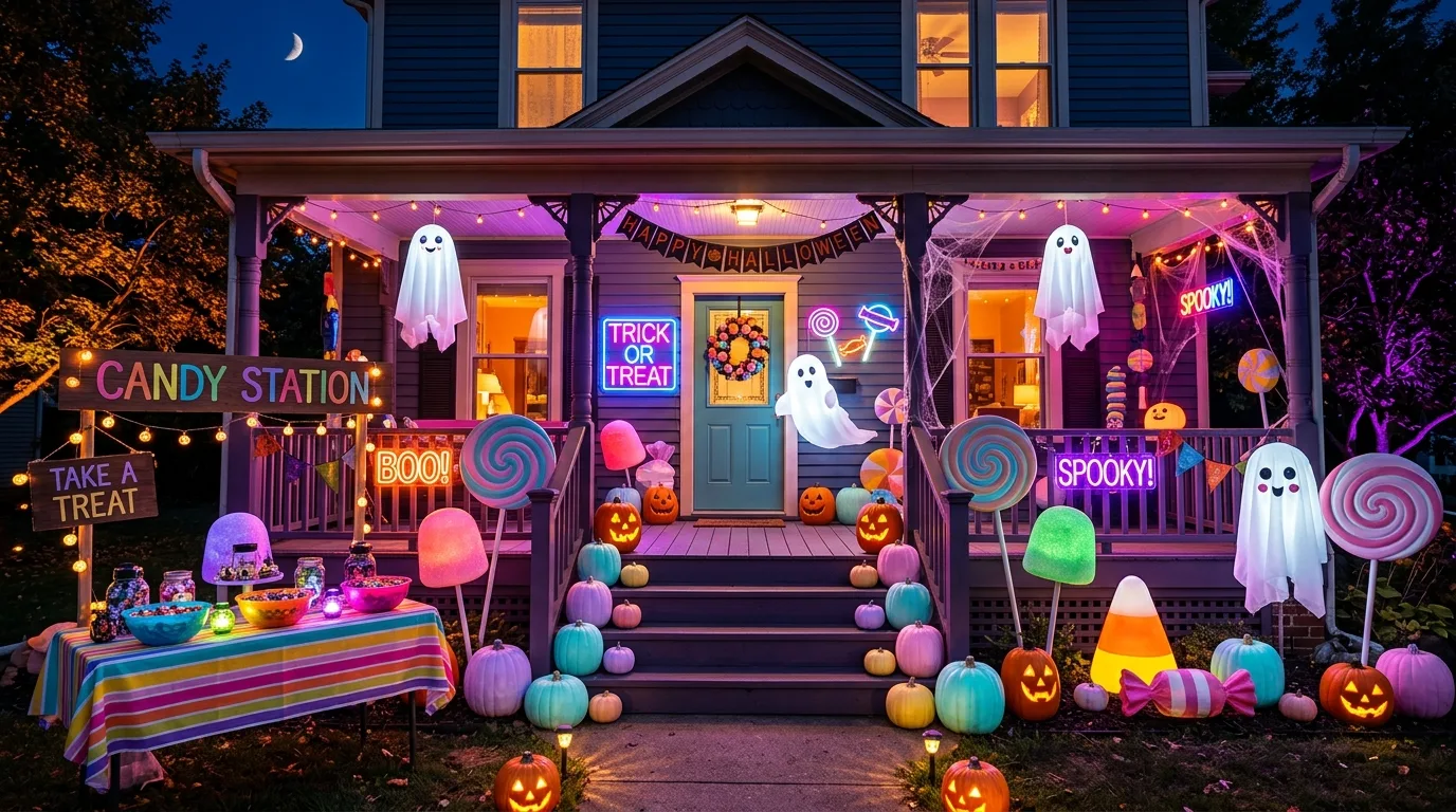 A spooky porch covered with spiderweb decor across railings and columns, no people