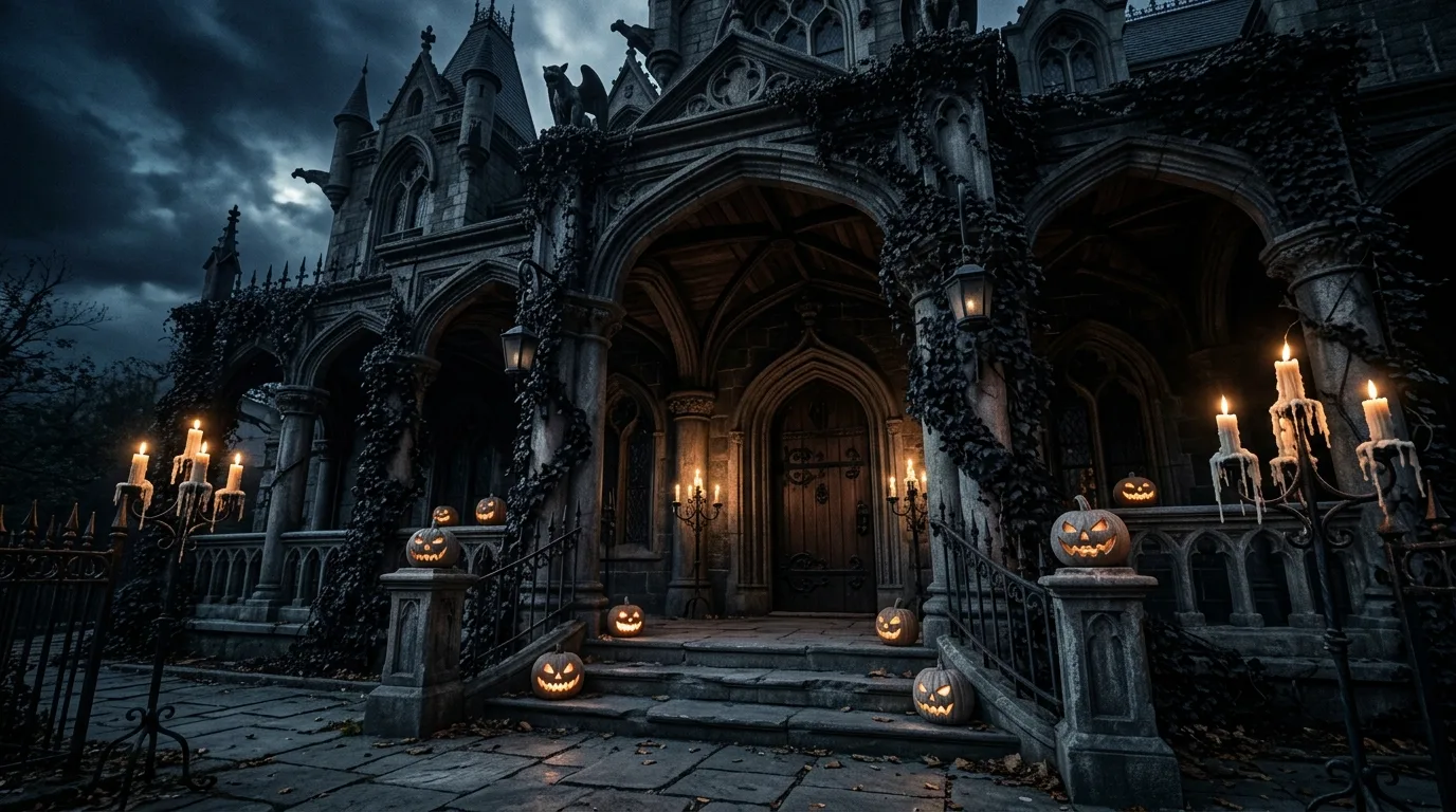 A Halloween porch mixing mums pumpkins and spooky harvest decor, no people