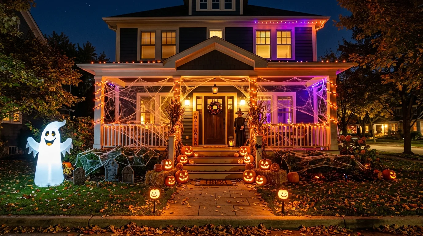 A Halloween porch lit with purple and green lighting at night, no people