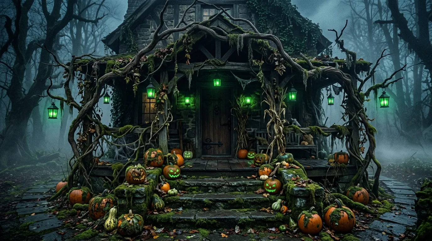 A walkway lined with ghost decor leading to a Halloween porch at dusk, no people