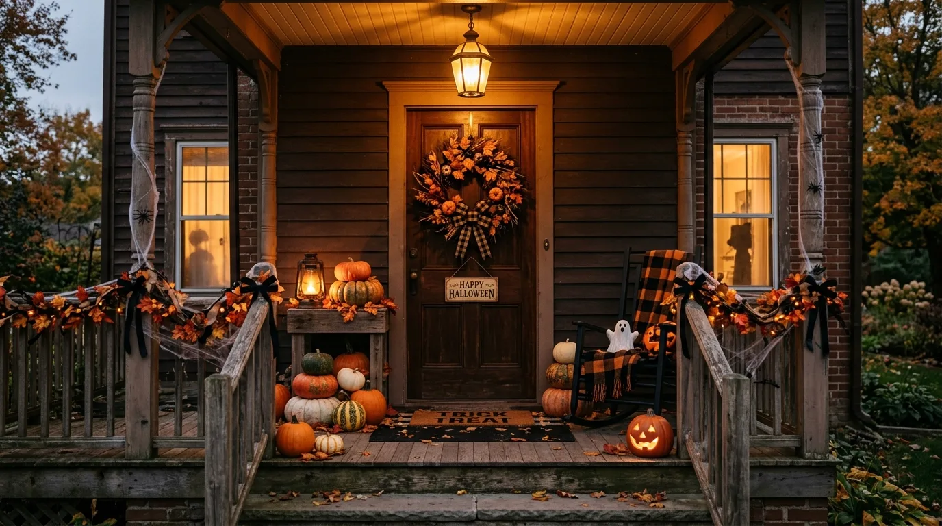 A vintage inspired Halloween porch with distressed spooky props and lanterns, no people