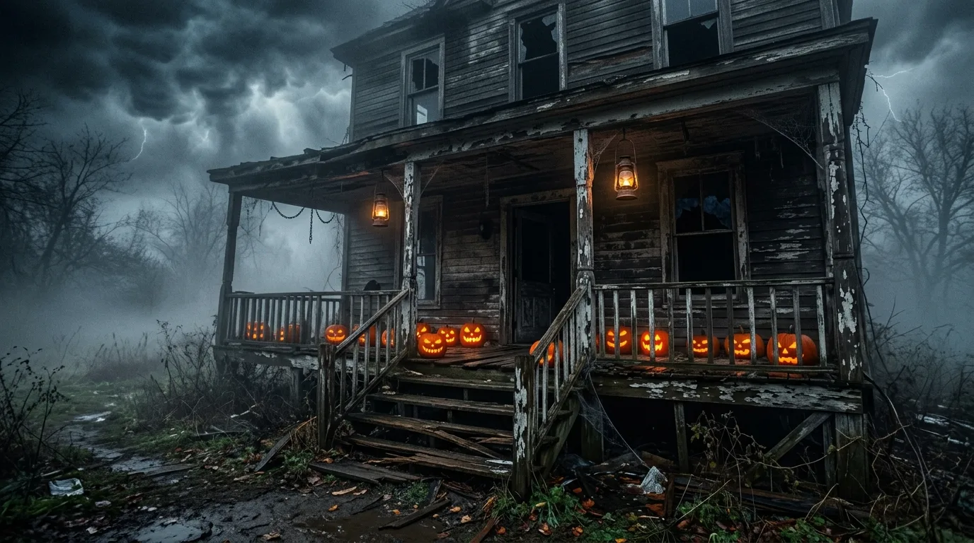 A kid friendly Halloween porch with playful oversized spooky shapes, no people