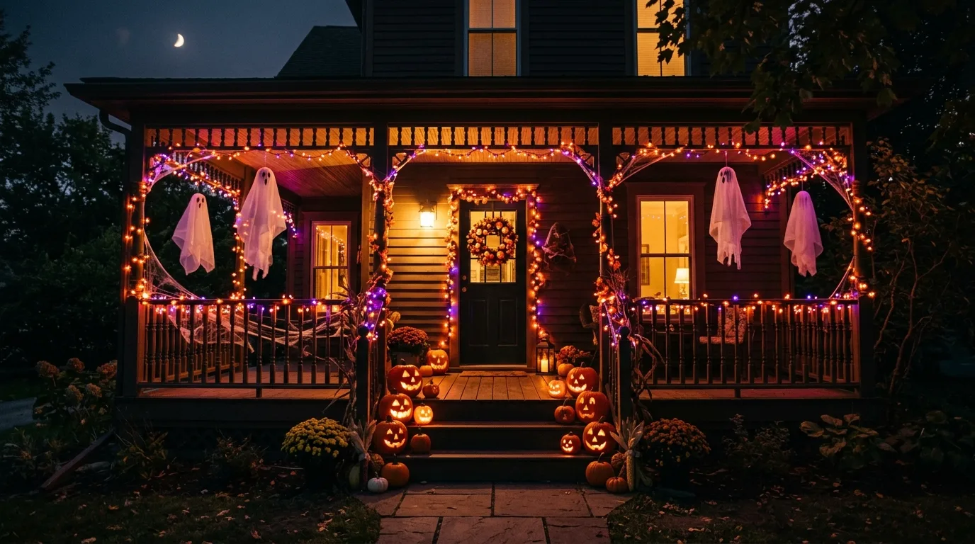 A gothic Halloween front door with dark wreaths and raven accents, no people