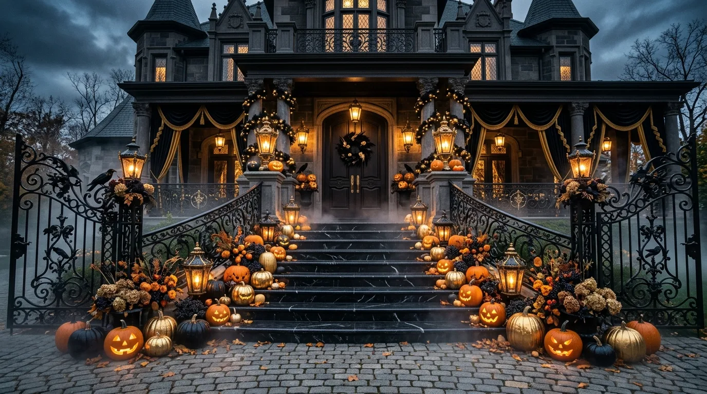 A Halloween porch with layered decorated steps full of pumpkins and eerie texture, no people