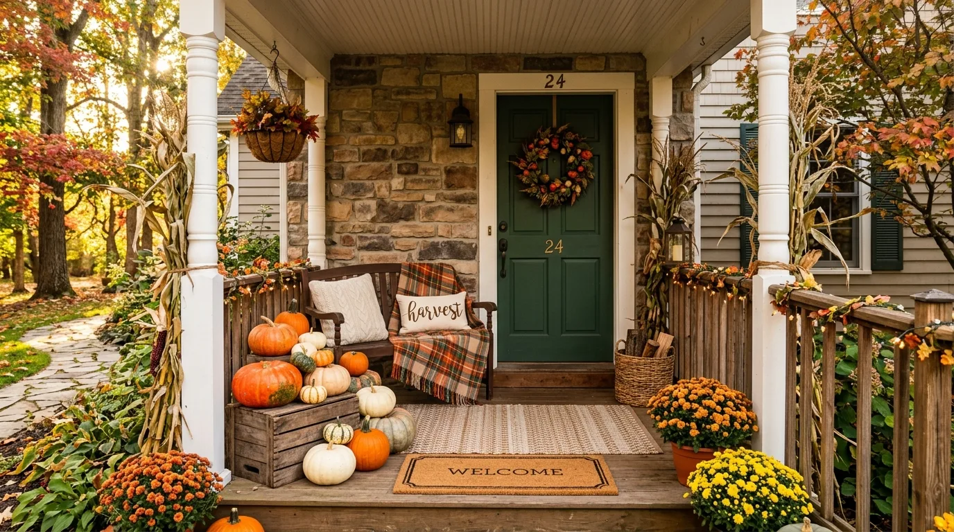 A fall porch layered with mums and pumpkins in warm autumn colors, no people