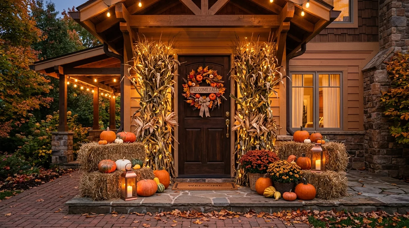 A rustic fall porch bench styled with plaid throws and harvest decor, no people