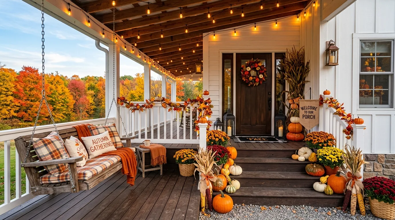 A welcoming fall porch with cornstalks framing the front door, no people