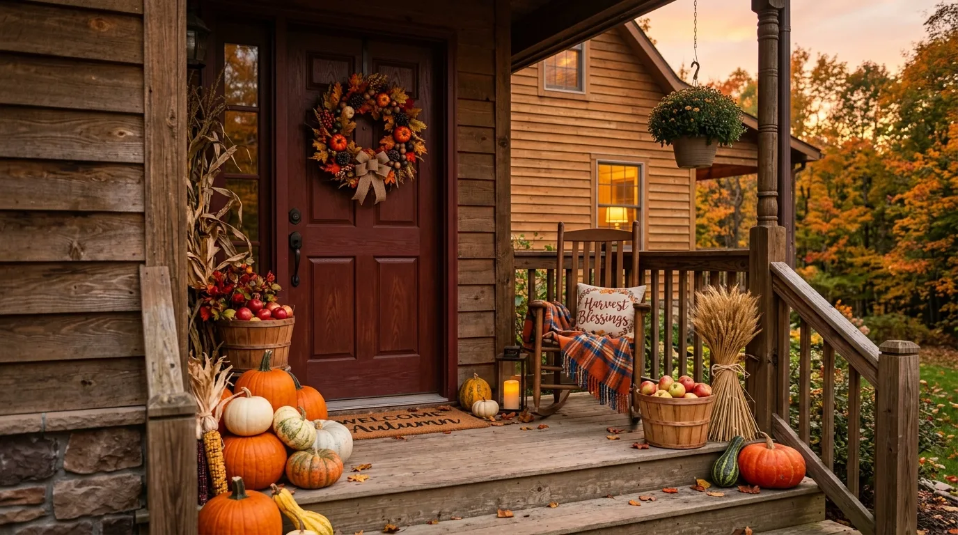A soft autumn porch with neutral pumpkins and lanterns in daylight, no people