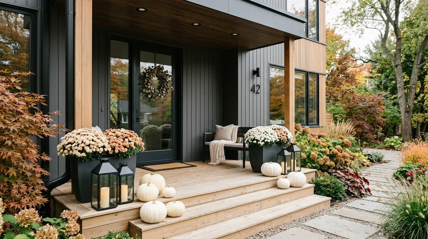 A front door with a grapevine fall wreath and welcoming porch styling, no people