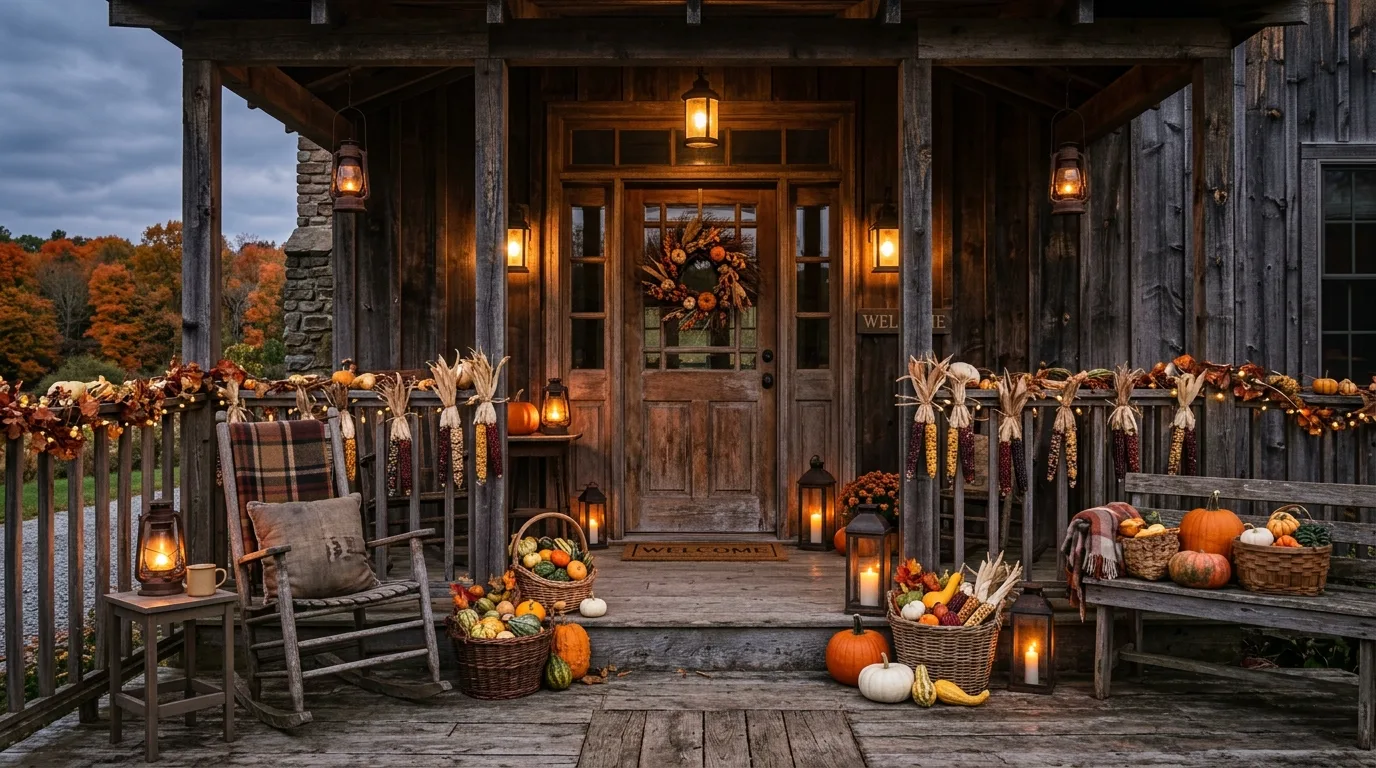 A fall porch with layered decorated steps full of seasonal texture and color, no people