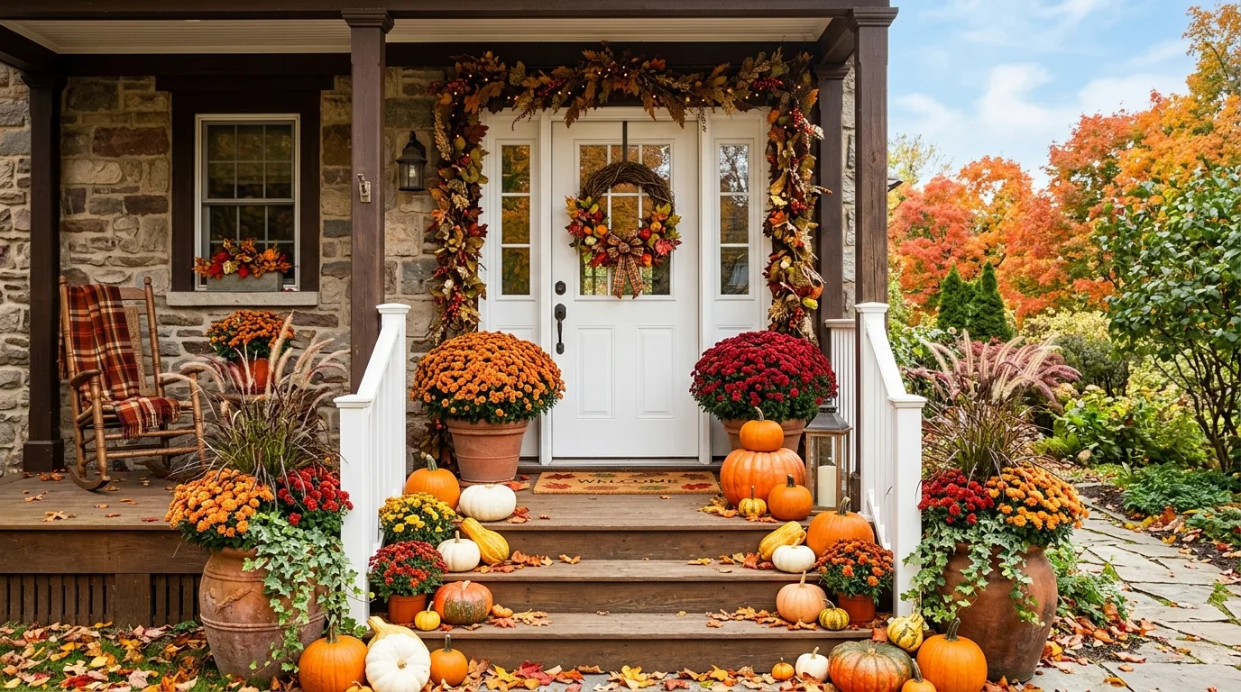 A farmhouse style fall porch with baskets wood crates and autumn accents, no people