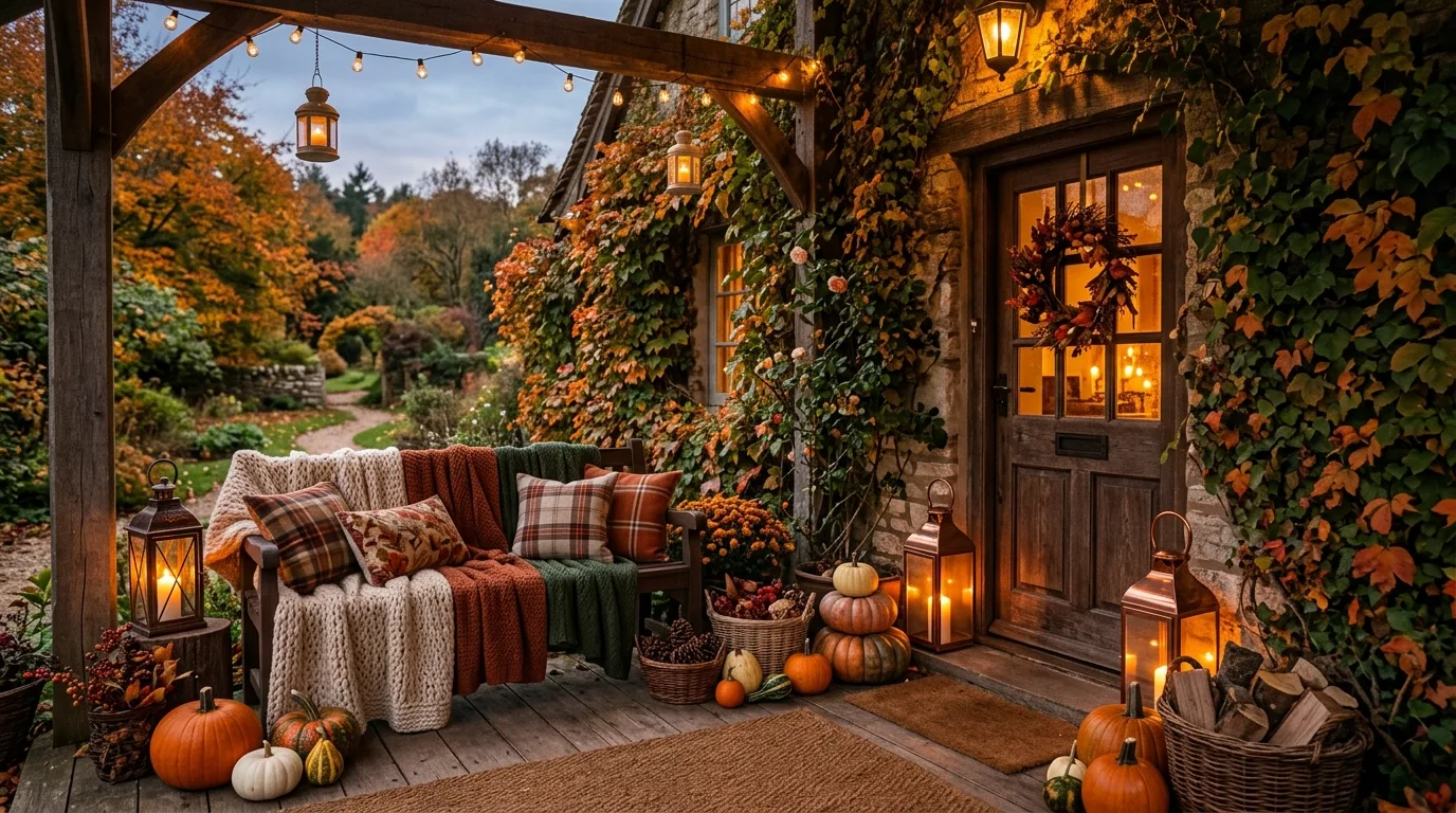 A cozy fall porch glowing with lantern light in the evening, no people