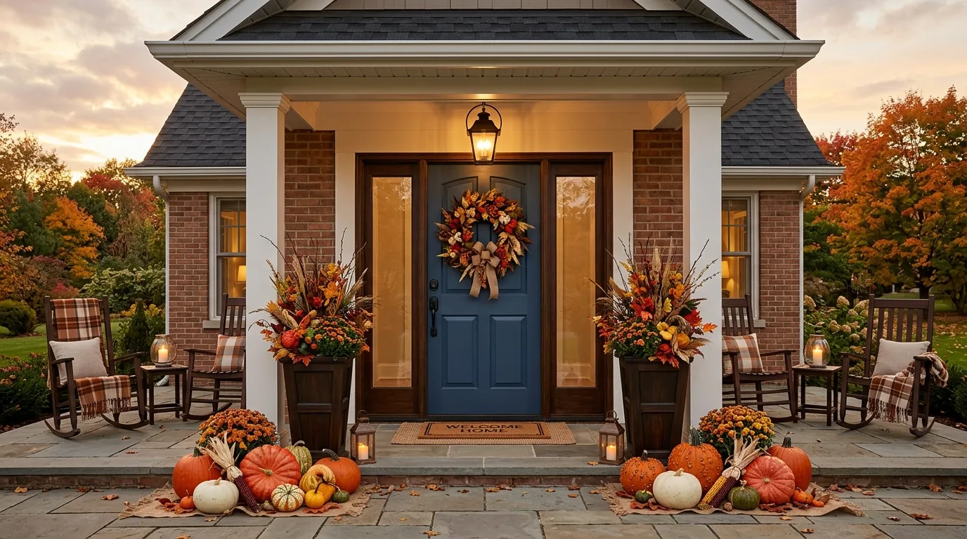 A fall porch with tall planters filled with autumn branches and grasses, no people