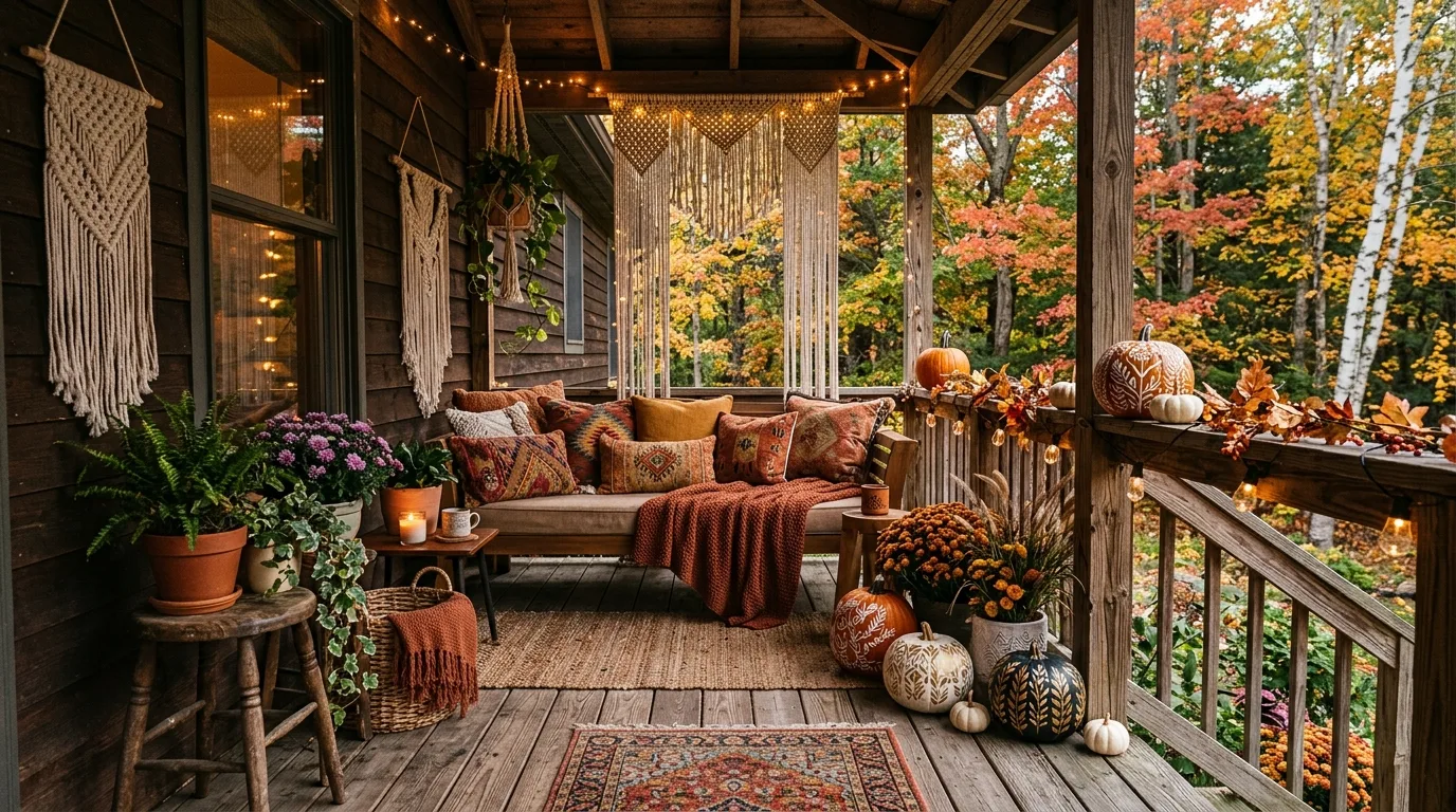 A rustic fall porch styled with an old ladder and harvest decor, no people
