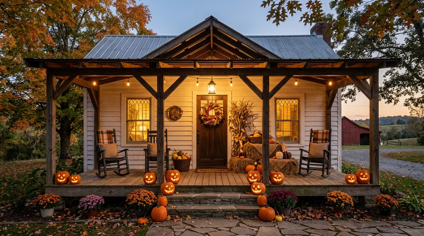 A fall porch swing corner styled with cozy cushions and pumpkins, no people